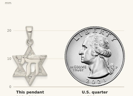 Classique True Size: Sterling Silver Polished and D/C Star of David w/Chai Pendant shown next to a US quarter (24.3 mm)