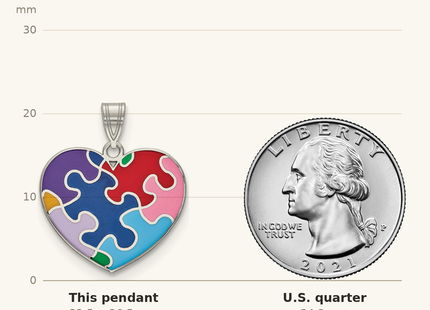Classique True Size: Sterling Silver Rhod-plated Enameled Autism Heart Pendant shown next to a US quarter (24.3 mm)