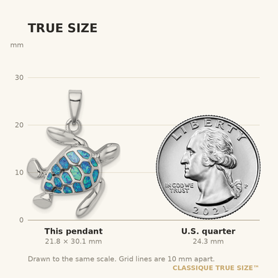 Sterling Silver Rhodium-plated Polished Blue Inlay Created Opal Turtle Pendant, 30.1 x 25.2mm
