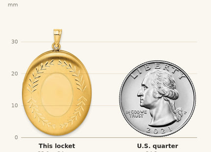 True size: 1/20 Gold Filled Polished/Satin Leaf Border 2-Frame Oval Locket shown next to a US quarter (24.3 mm)