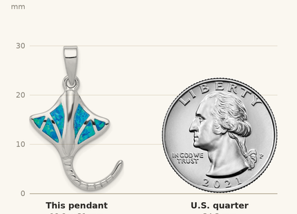 Classique True Size: Sterling Silver Rhodium-plated Created Blue Opal Stingray Pendant shown next to a US quarter (24.3 mm)