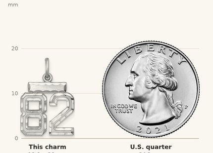 Classique True Size: Sterling Silver Rhodium-plated Diamond-cut #82 Charm shown next to a US quarter (24.3 mm)