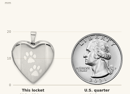 Classique True Size: Sterling Silver Rhodium-plated Textured & Polished Paw Prints Heart Locket shown next to a US quarter (24.3 mm)