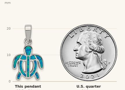 Classique True Size: Sterling Silver Rhodium-plated Polished Created Blue Opal Inlay Tortoise Pendant shown next to a US quarter (24.3 mm)