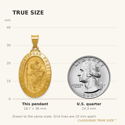 14K Polished and Satin St. Christopher Medal Hollow Pendant, 36 x 18.5mm