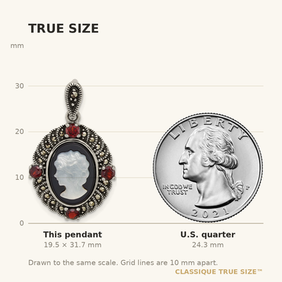 Sterling Silver Antiqued Marcasite and Garnet with Black Agate and Mother of Pearl Cameo Pendant