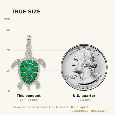 De-Ani Sterling Silver Rhodium-Plated Polished Enameled Green Sea Turtle Pendant, 29 x 18mm