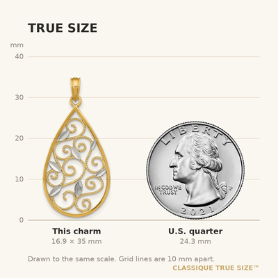 14K w/Rhodium Beaded Filigree D/C Teardrop Charm, 35 x 15mm