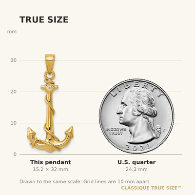 14K 3D Anchor W/Rope Pendant