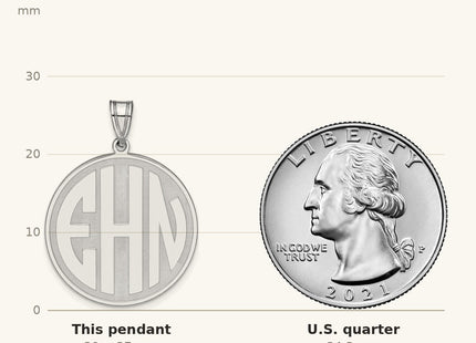 True size: 10k White Gold Round Block Letter Monogram Pendant shown next to a US quarter (24.3 mm)