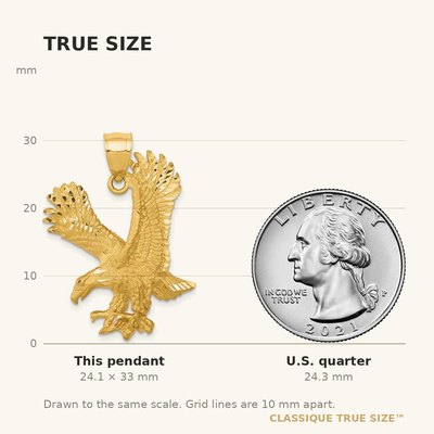 14K Satin Diamond-cut Eagle Pendant, 33 x 23mm
