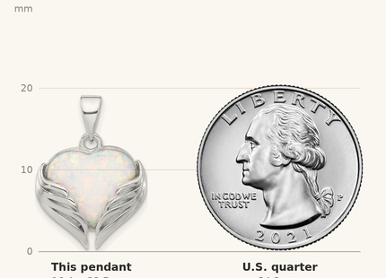 Classique True Size: Sterling Silver Rhodium-plated White Created Opal Heart Wings Pendant shown next to a US quarter (24.3 mm)
