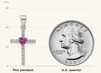 Classique True Size: Sterling Silver Rhodium-plated Pink CZ Heart and Clear CZ Cross Pendant shown next to a US quarter (24.3 mm)