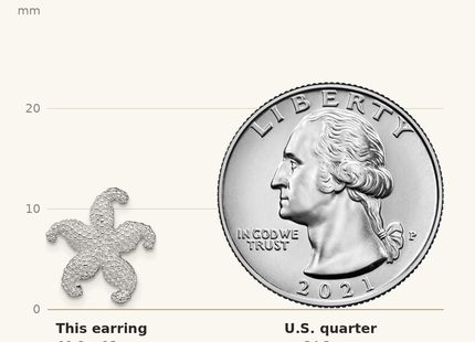 Classique True Size: De-Ani Sterling Silver Rhodium-Plated Polished Starfish Post Earrings shown next to a US quarter (24.3 mm)