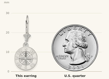 Classique True Size: De-Ani Sterling Silver Rhodium-Plated Polished Mini Compass Leverback Earrings shown next to a US quarter (24.3 mm)