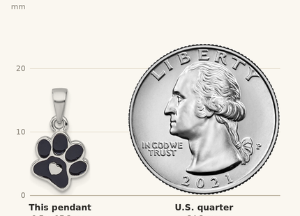 Classique True Size: Sterling Silver Rhodium-plated Polished Black Enamel Paw Print with Heart Pendant shown next to a US quarter (24.3 mm)