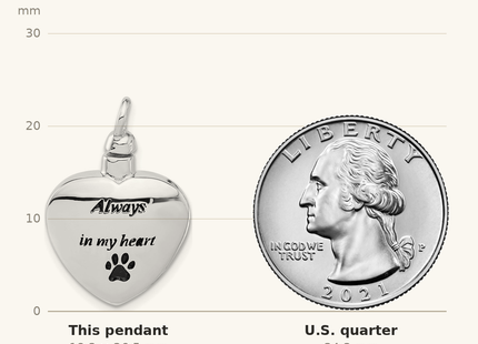 Classique True Size: Sterling Silver Rh-plated Enamel Heart with Paw Print Ash Holder Pendant shown next to a US quarter (24.3 mm)