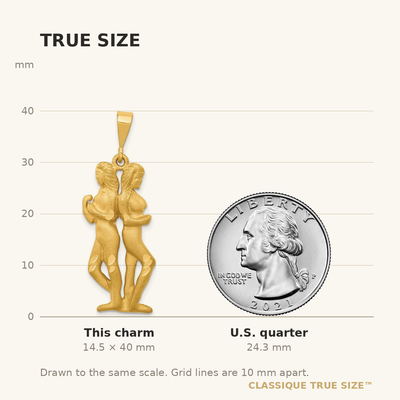 14K Satin Diamond-cut Gemini Zodiac Charm, 40 x 14mm