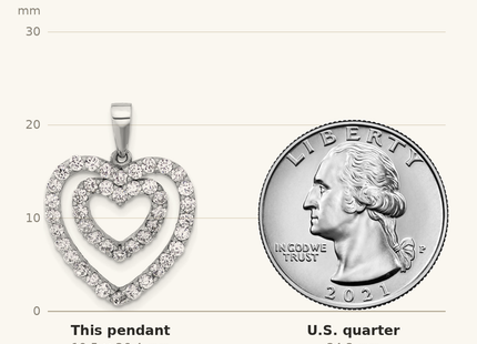 Classique True Size: Sterling Silver Rhodium-plated CZ Double Heart Pendant shown next to a US quarter (24.3 mm)