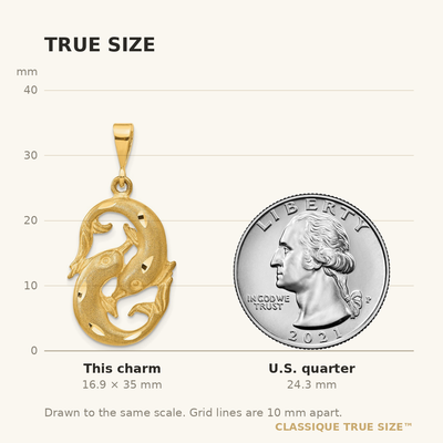 14K Satin Diamond-cut Pisces Zodiac Charm, 35 x 17mm