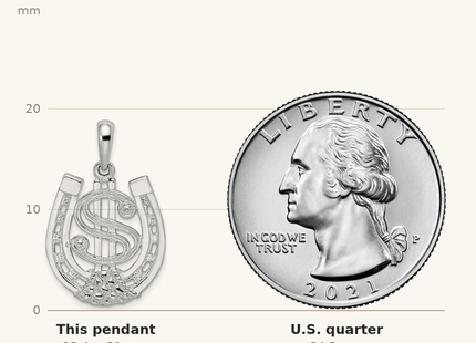 Classique True Size: De-Ani Sterling Silver Rhodium-Plated Polished Dollar Sign In Horse Shoe Pendant shown next to a US quarter (24.3 mm)