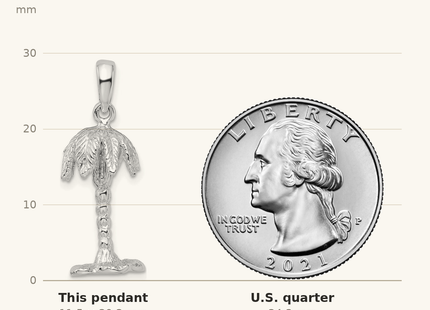 Classique True Size: De-Ani Sterling Silver Rhodium-Plated Polished and Textured 3D Palm Tree Pendant shown next to a US quarter (24.3 mm)
