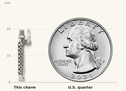 True size: Sterling Silver Antique Flute Charm shown next to a US quarter (24.3 mm)