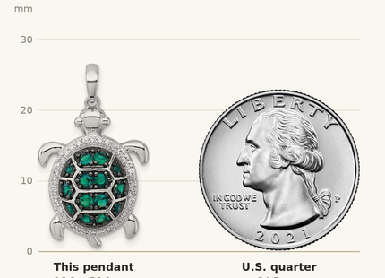Classique True Size: Sterling Silver White and Black Rhodium-plated White and Green CZ Turtle Pendant shown next to a US quarter (24.3 mm)
