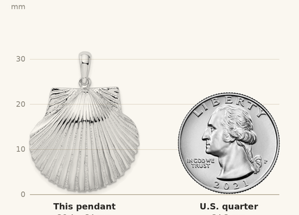 Classique True Size: De-Ani Sterling Silver Rhodium-Plated Polished and Textured Scallop Shell Pendant shown next to a US quarter (24.3 mm)