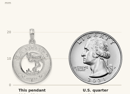 Classique True Size: De-Ani Sterling Silver Rhodium-Plated Polished Sanibel Circle with Flamingo Pendant shown next to a US quarter (24.3 mm)