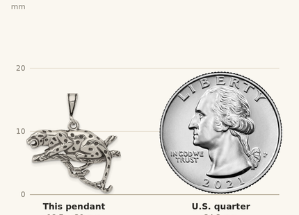 Classique True Size: Sterling Silver Antiqued & Textured Leopard on Branch Pendant shown next to a US quarter (24.3 mm)