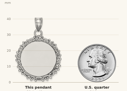 Classique True Size: Sterling Silver Rh-plt Fancy Round Polished Front/Satin Back Pendant shown next to a US quarter (24.3 mm)