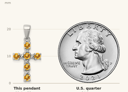 Classique True Size: Sterling Silver Rhodium Citrine & Diamond Accent Cross Pendant shown next to a US quarter (24.3 mm)