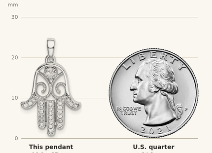 Classique True Size: Sterling Silver Rhodium-plated CZ Chamseh Pendant shown next to a US quarter (24.3 mm)