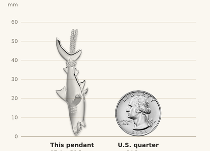 Classique True Size: De-Ani Sterling Silver Rhodium-plated Polished 3D Shark Hanging from Rope Pendant shown next to a US quarter (24.3 mm)