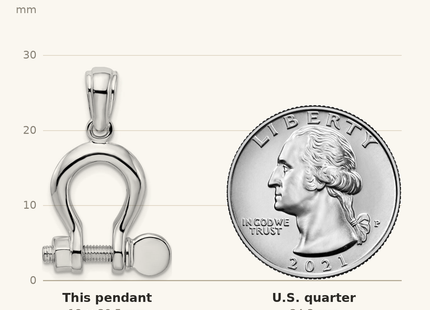 Classique True Size: De-Ani Sterling Silver Rhodium-Plated Polished 3D Large Shackle Link Pendant shown next to a US quarter (24.3 mm)