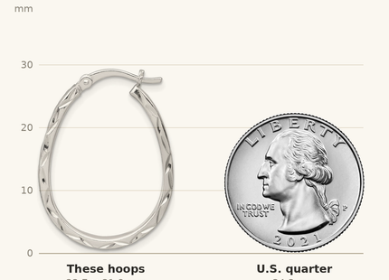 Classique True Size: Sterling Silver Polished Diamond-cut Oval Hoop Earrings shown next to a US quarter (24.3 mm)