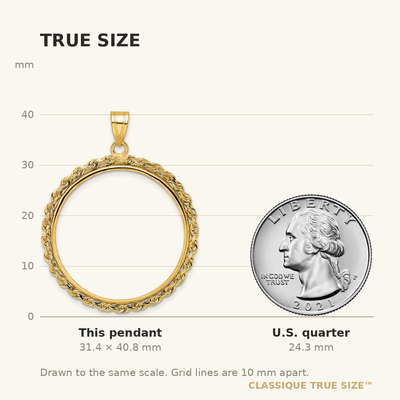 Wideband Distinguished Coin Jewelry 14K Polished Rope Prong Coin Bezel Pendant, 40.75 x 31.75mm