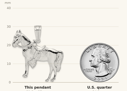 Classique True Size: De-Ani Sterling Silver Rhodium-Plated Polished Horse with Saddle Pendant shown next to a US quarter (24.3 mm)