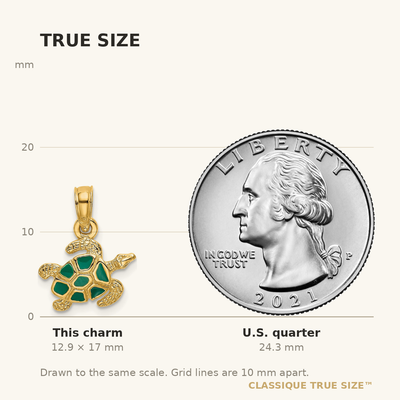 14K Textured and Enameled Sea Turtle Charm, 17 x 11.45mm