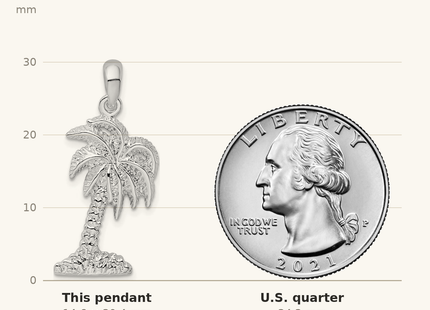 Classique True Size: De-Ani Sterling Silver Rhodium-Plated Polished Small Palmetto Tree Pendant shown next to a US quarter (24.3 mm)