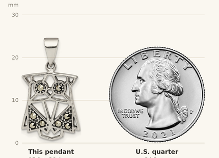 Classique True Size: Sterling Silver Antiqued Marcasite Owl Pendant shown next to a US quarter (24.3 mm)