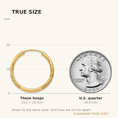 14K Satin Diamond-cut Endless Hoop Earrings, 25 x 2mm