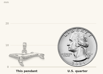 Classique True Size: De-Ani Sterling Silver Rhodium-Plated Polished 3D Humpback Whale Pendant shown next to a US quarter (24.3 mm)