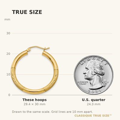 14K Satin and Diamond-cut Round Hoop Earrings, 30 x 3mm