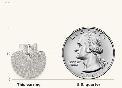 Classique True Size: De-Ani Sterling Silver Rhodium-Plated Polished Large Scallop Shell Post Earrings shown next to a US quarter (24.3 mm)