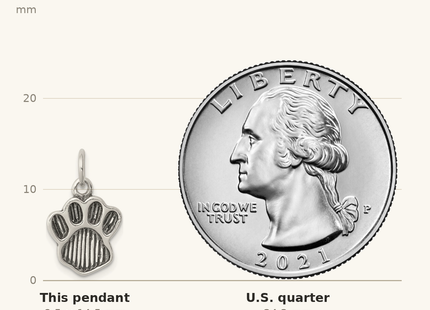 Classique True Size: Sterling Silver Polished and Antiqued Paw Pendant shown next to a US quarter (24.3 mm)