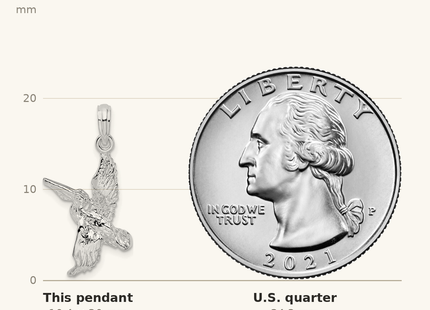 Classique True Size: De-Ani Sterling Silver Rhodium-Plated Polished 3D Flying Pelican Pendant shown next to a US quarter (24.3 mm)
