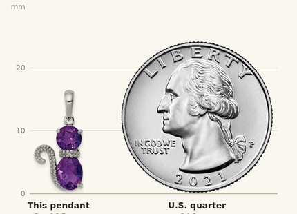 Classique True Size: Sterling Silver Rhodium-plated Amethyst and Diamond Cat Pendant shown next to a US quarter (24.3 mm)