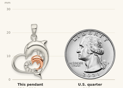 Classique True Size: Sterling Silver Rose-tone Polished CZ Dolphin Heart Pendant shown next to a US quarter (24.3 mm)